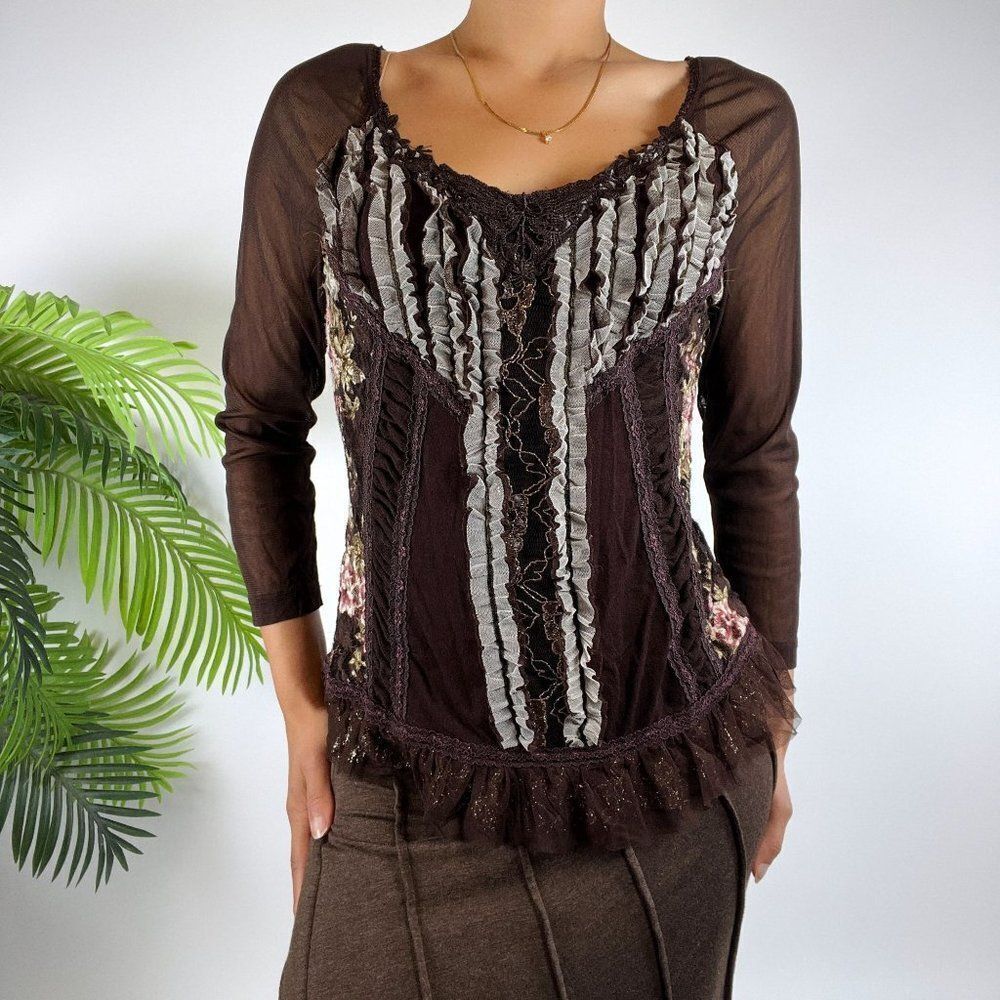 Vintage 90s Brown Floral Fairy Grunge Cottagecore Ruffled Long Sleeve Top / S